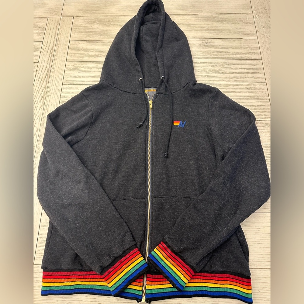 GUC AVIATOR NATION BLACK RAINBOW HOODIE SZ LARGE